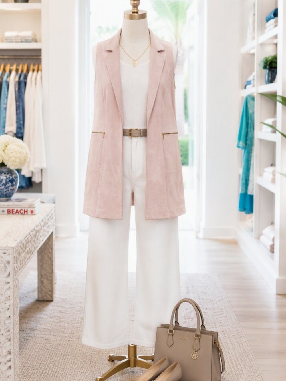 Calvin Klein Suede Sleeveless Vest in Blush